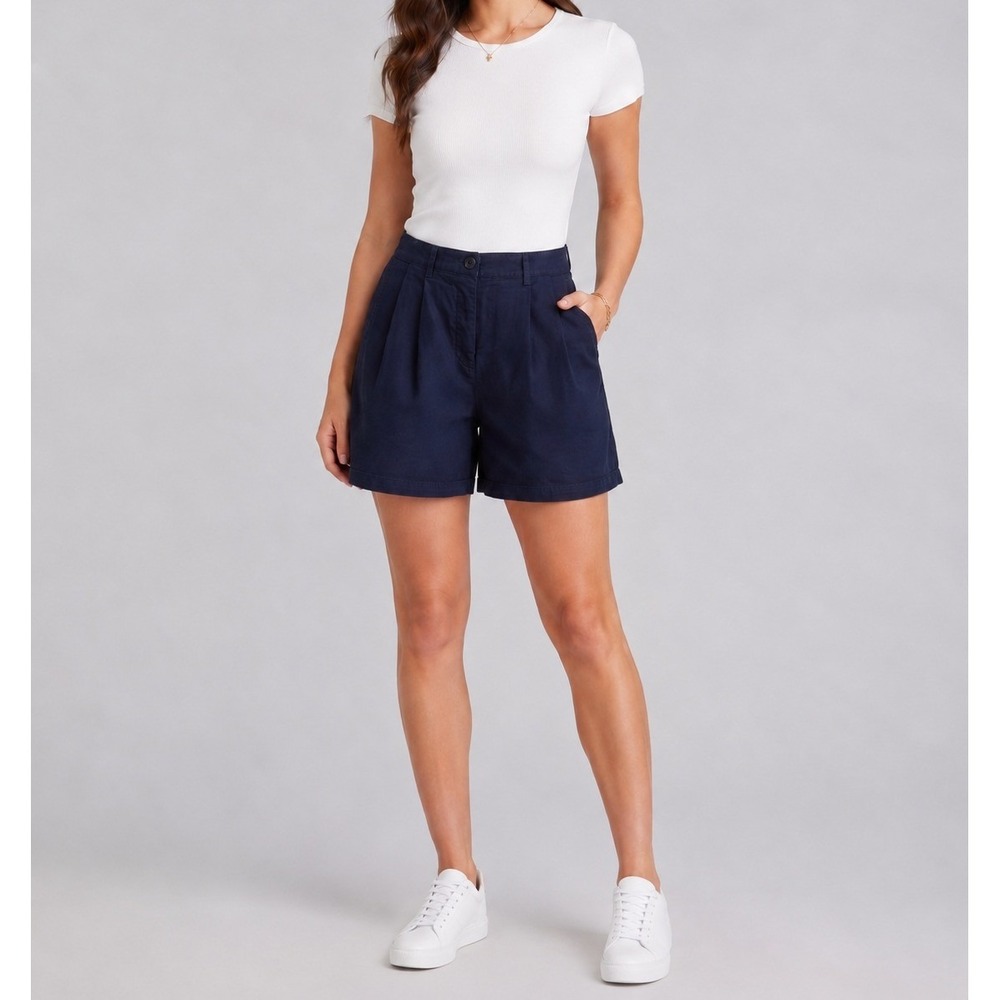 J.Crew Navy Blue Pleated Chino Shorts Womens 12 CI581 Stretch Cotton 8 Inseam